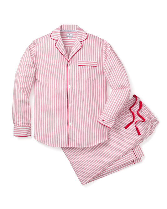 Men's antique red ticking pajama set by Petite Plume, featuring comfortable fabric and classic button-up top with matching pants.