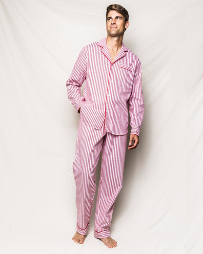 Men's antique red ticking pajama set by Petite Plume, featuring comfortable fabric and classic design for relaxed sleepwear.