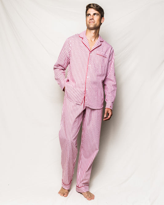 Men's antique red ticking pajama set by Petite Plume, featuring comfortable fabric and classic design for relaxed sleepwear.