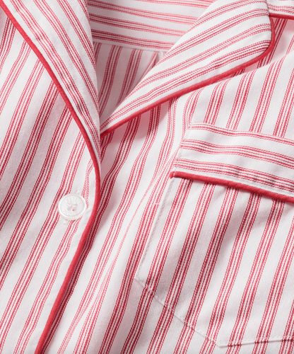 Men's antique red ticking pajama set by Petite Plume, featuring a comfortable button-up top and matching pants.
