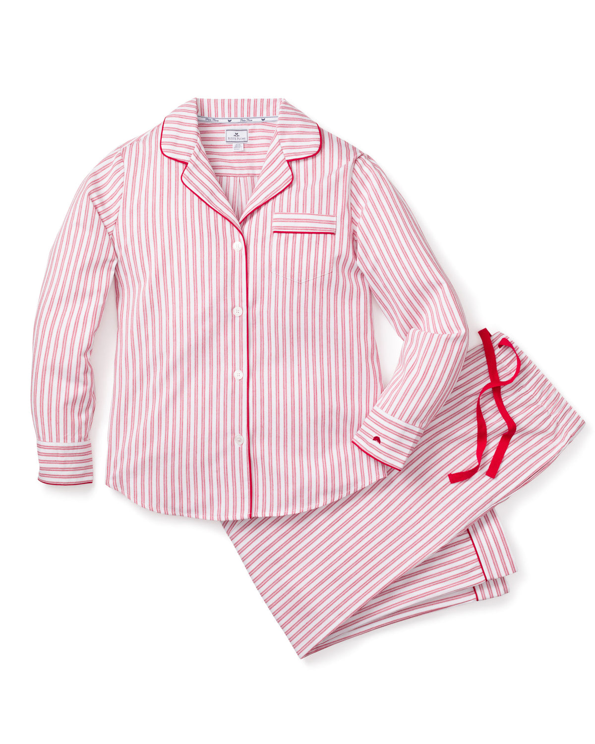Women's antique red ticking pajama set by Petite Plume, featuring cozy fabric and classic striped pattern.