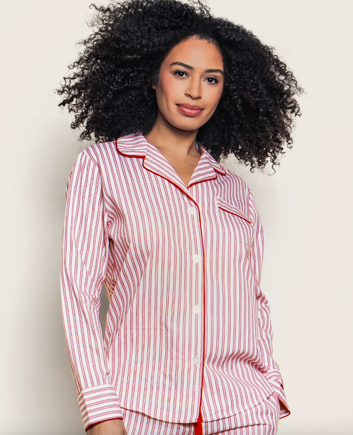 Women's antique red ticking pajama set by Petite Plume, featuring a cozy top and matching pants with classic striped pattern.