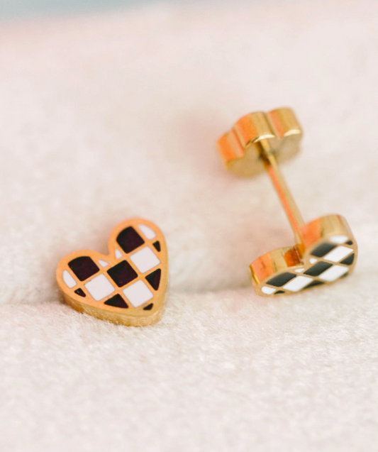 Checkered heart-shaped hypoallergenic kids earrings with flat screw back design by Pierced Co, suitable for sensitive ears.