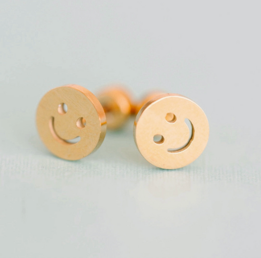 Pierced Co classic smiley face screw back earring with a cheerful yellow smiley design on a silver post.