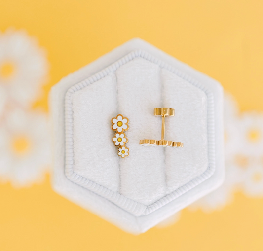 Hypoallergenic Daisy Crawler Kids Earrings by Pierced Co featuring charming flower design for children.