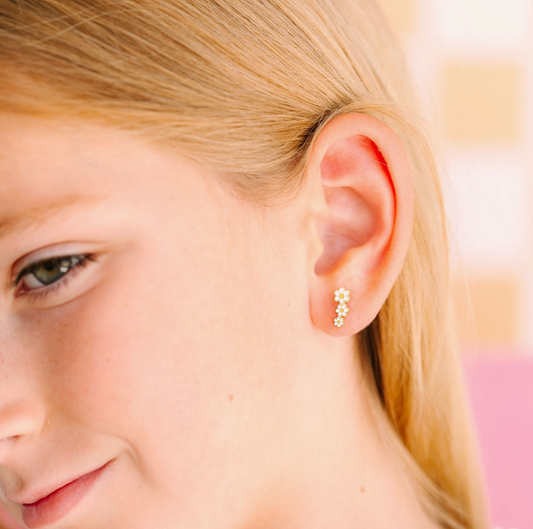 Pierced Co Daisy Crawler hypoallergenic kids earrings featuring colorful flower design on gold-tone jewelry.
