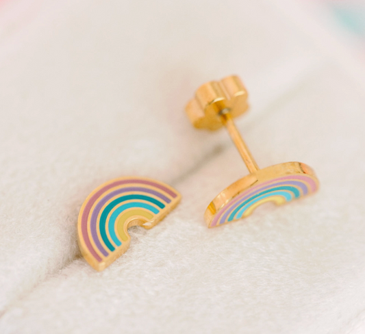 Girls rainbow flat screw back earrings by Pierced Co featuring colorful rainbow designs and secure screw back closures.