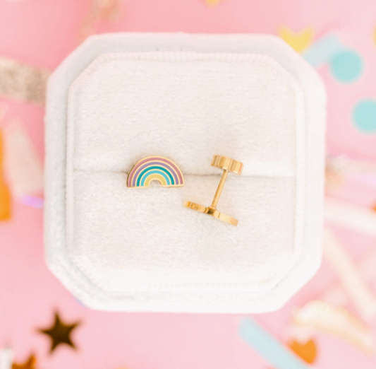 Girls rainbow flat screw back earrings by Pierced Co with colorful rainbow design and silver-tone screw back fastening.