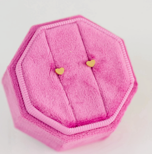 Girls Tiny Hearts flat screw back earrings by Pierced Co featuring small heart-shaped studs in silver.