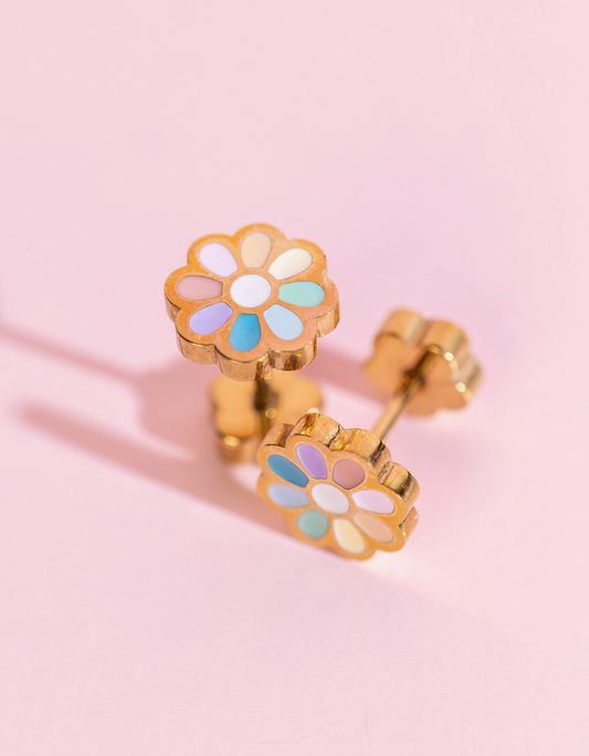 Rainbow Daisy screw back earrings for girls by Pierced Co, featuring colorful daisy design and hypoallergenic metal.