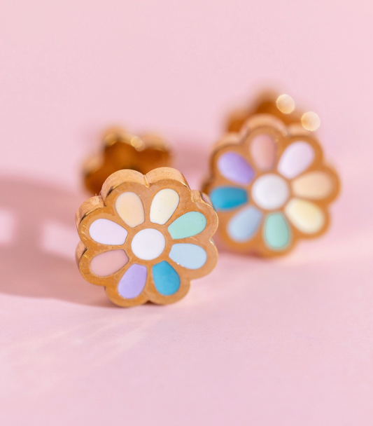 Rainbow Daisy screw back girls earrings by Pierced Co featuring colorful daisy design and hypoallergenic metal.