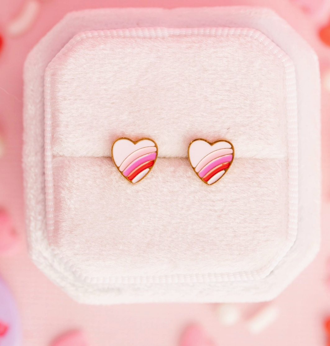 Rainbow heart screw back hypoallergenic earrings from Pierced Co featuring colorful heart designs and secure screw back closures.