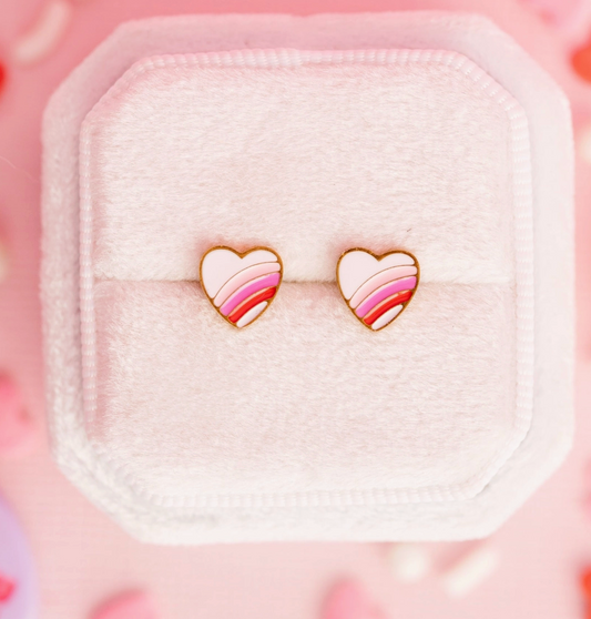 Rainbow heart screw back hypoallergenic earrings from Pierced Co featuring colorful heart designs and secure screw back closures.