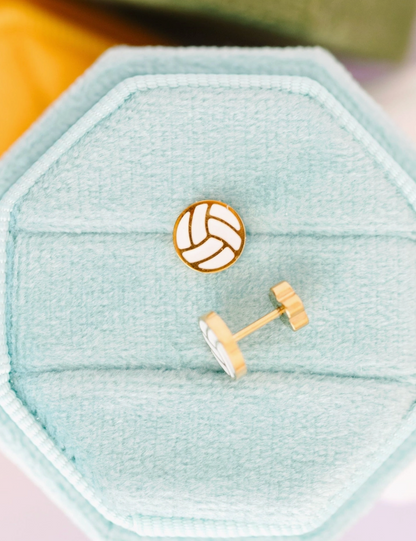 Hypoallergenic volleyball enamel stud earrings by Pierced Co, featuring a colorful volleyball design in a small, lightweight style.