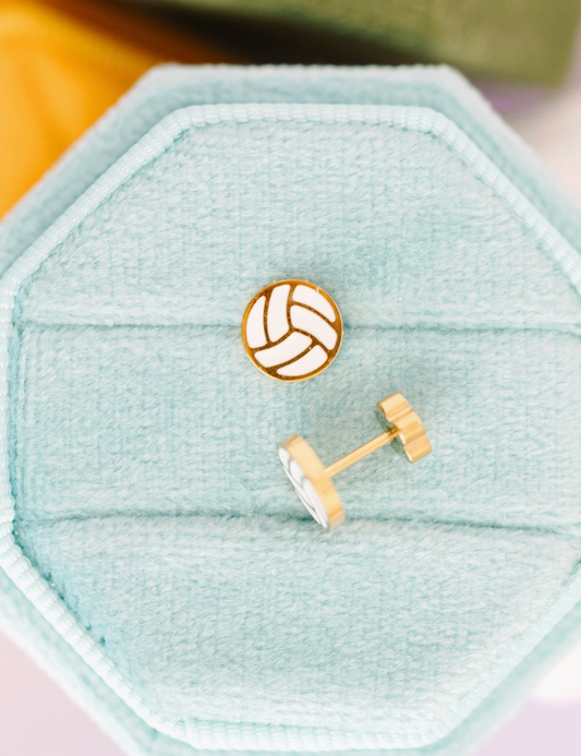 Hypoallergenic enamel volleyball stud earrings by Pierced Co, featuring colorful volleyball design on sterling silver posts.
