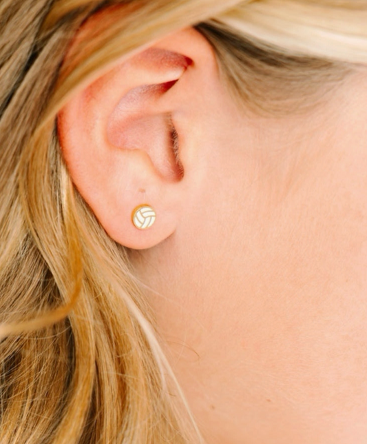 Hypoallergenic enamel volleyball stud earrings by Pierced Co, featuring colorful volleyball design on silver-tone metal.