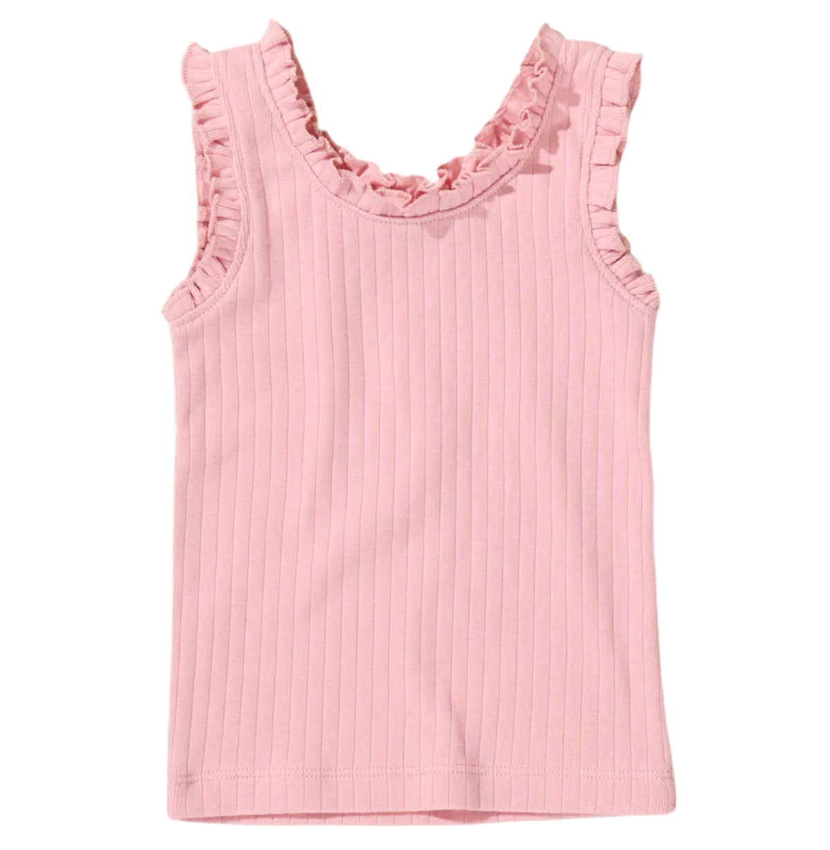 Pink Chicken Joy Ruffle Rib Tank Top for girls in pink, featuring ruffle details and a comfortable ribbed fabric.
