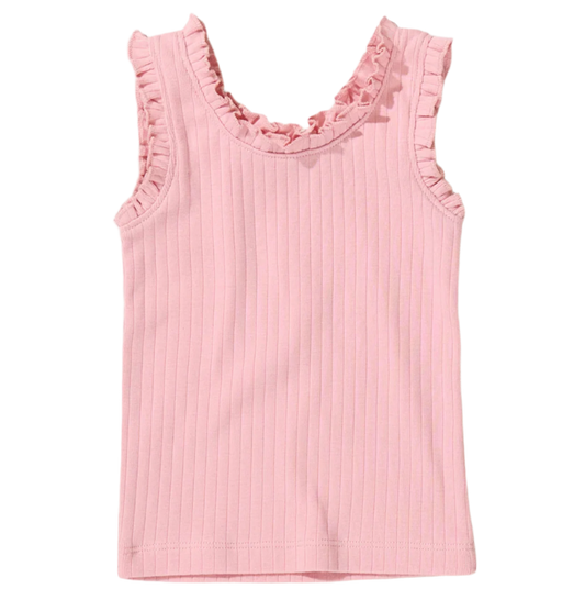 Pink Chicken Joy Ruffle Rib Tank Top in pink, featuring ruffle details and a fitted ribbed design for a stylish, casual look.