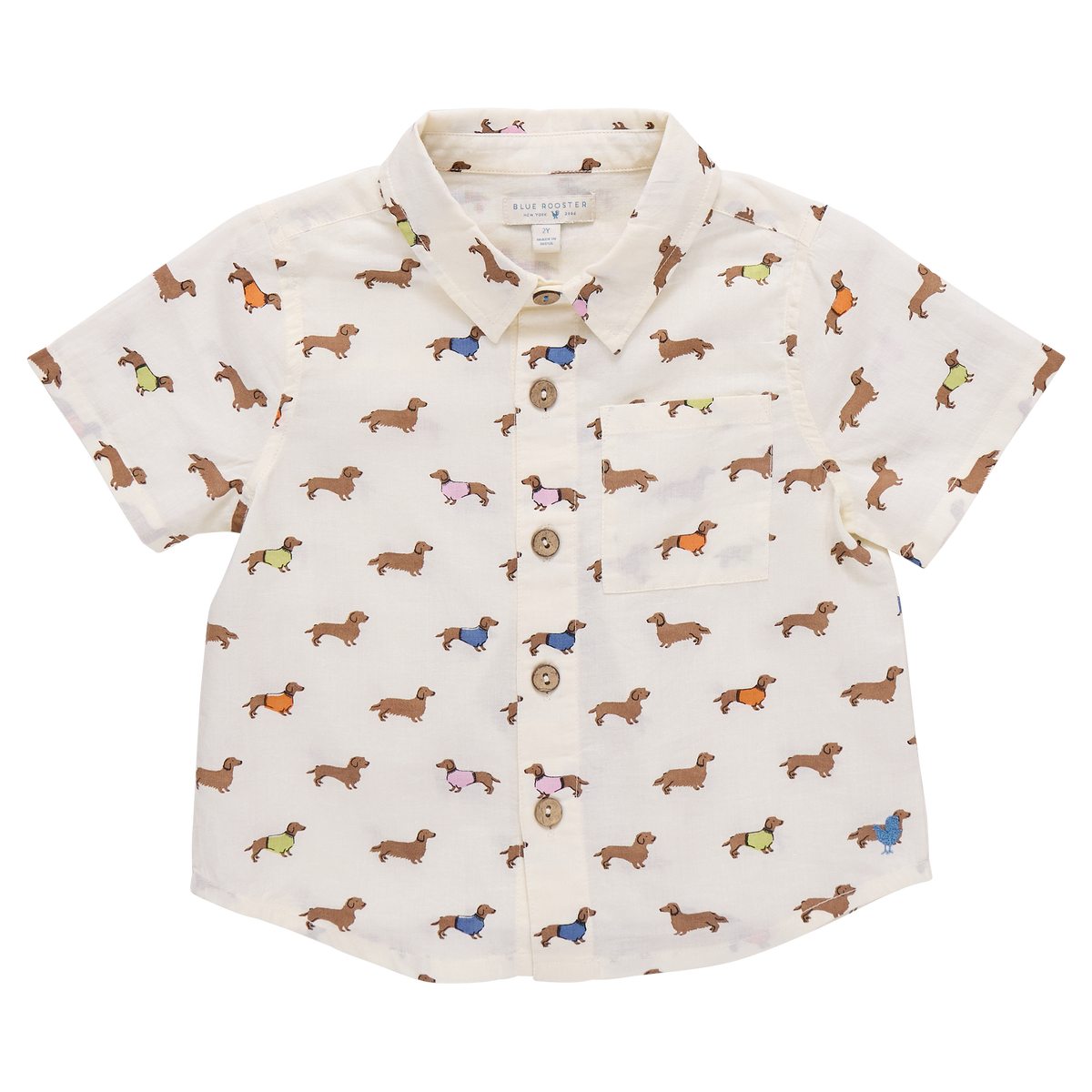 Pink Chicken boys' button-down Jack shirt featuring dachshunds in sweaters, with a playful and colorful design.