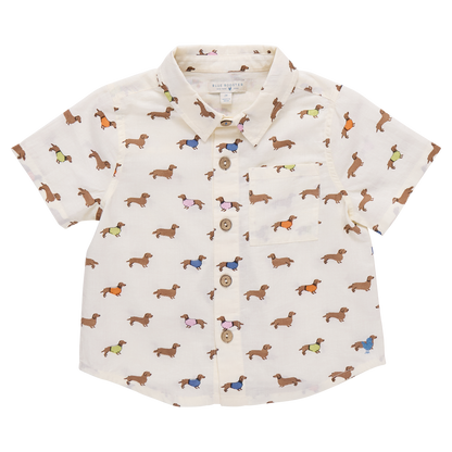 Pink Chicken boys' button-down Jack shirt featuring dachshunds in sweaters, with a playful and colorful design.
