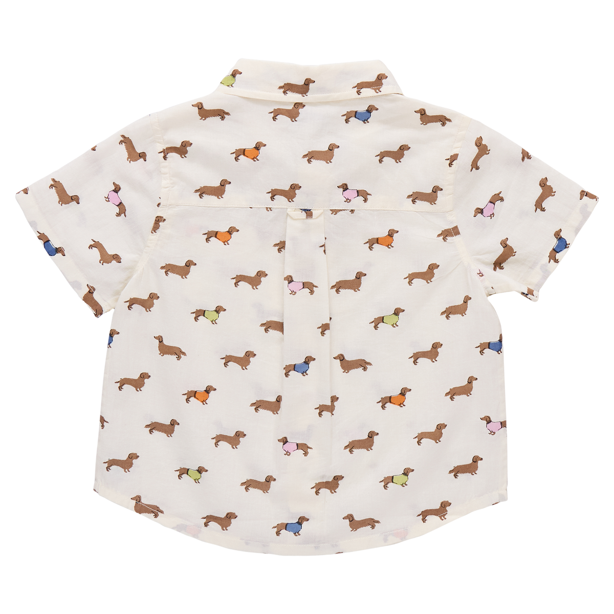 Pink Chicken boys' button-down Jack shirt featuring dachshund and sweater patterns, suitable for casual or dressy occasions.