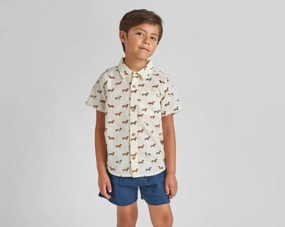 Pink Chicken boys' button-down Jack shirt featuring dachshund illustrations in sweaters, perfect for casual wear.