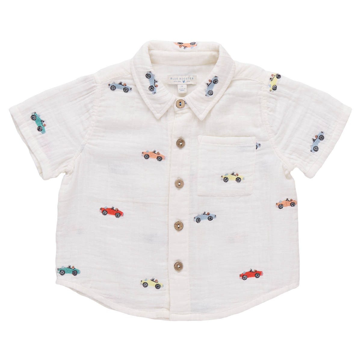 Boys button-down Jack shirt by Pink Chicken featuring vintage car embroidery, soft fabric, and classic collar design.