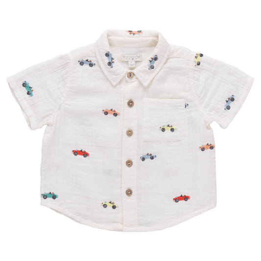 Boys button-down Jack shirt by Pink Chicken featuring vintage car embroidery, soft fabric, and classic collar design.