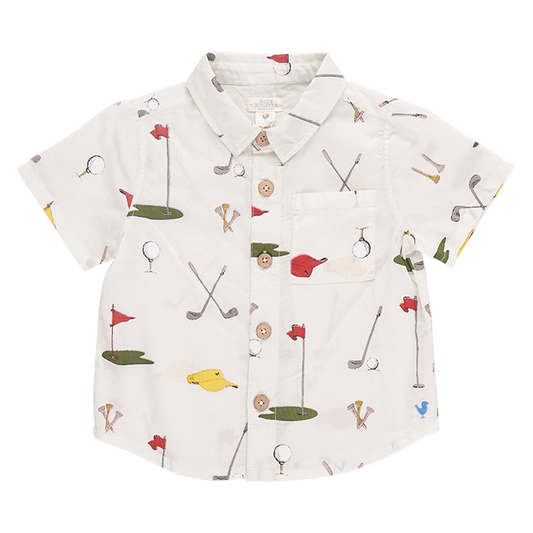 Pink Chicken boys Jack shirt featuring a golf tournament design, front view of the boys' casual golf-themed shirt.