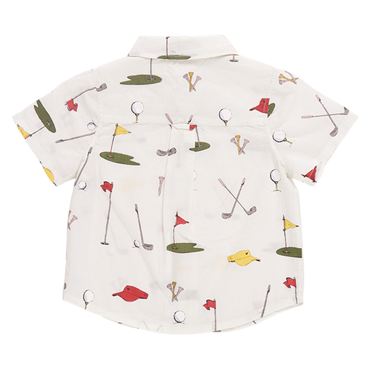 Pink Chicken boys Jack shirt with golf tournament design, featuring a casual fit and playful style for boys.