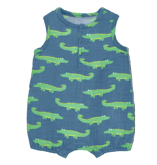 Primary Baby Cotton Gauze Bubble Shortie with Gator Pals print, featuring soft, breathable fabric and playful animal design.