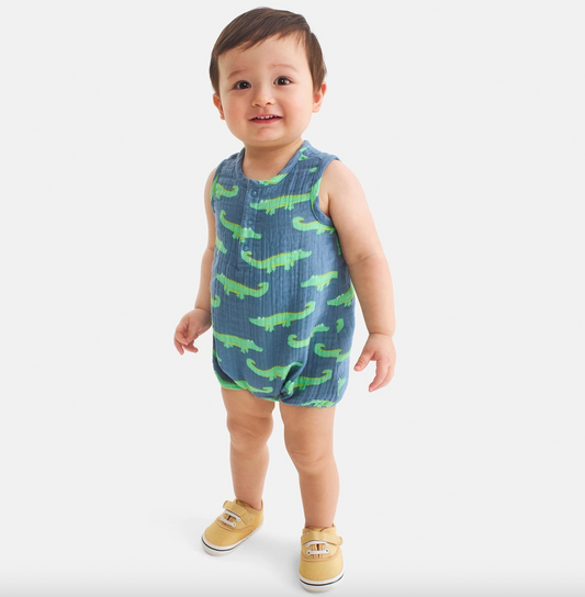 Baby Cotton Gauze Bubble Shortie in Gator Pals featuring soft fabric, playful gator print, and comfortable fit for infants.