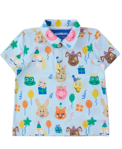 Boys' birthday party animals knit short sleeve performance polo by Ruffle Butts, featuring colorful animal print and a casual fit.