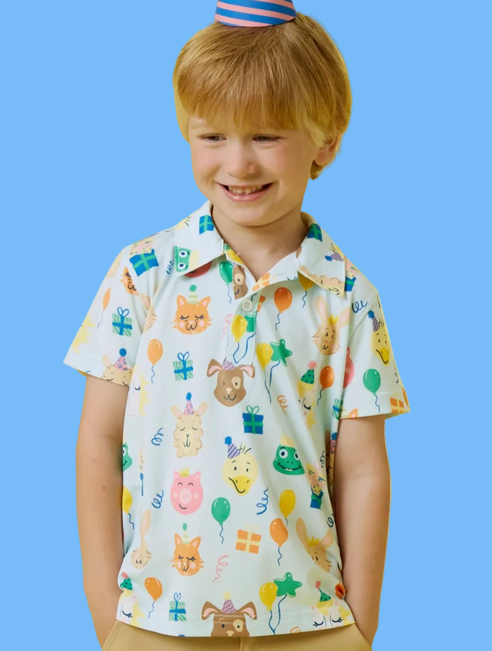 Boys birthday party animals knit short sleeve performance polo by Ruffle Butts, featuring colorful animal patterns on a soft fabric.
