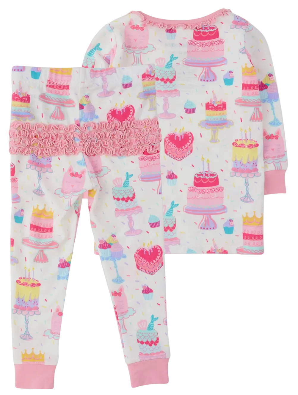 Girls birthday cake pajama set by Ruffle Butts, featuring colorful cake print, soft fabric, and ruffle details for 12-18 months.