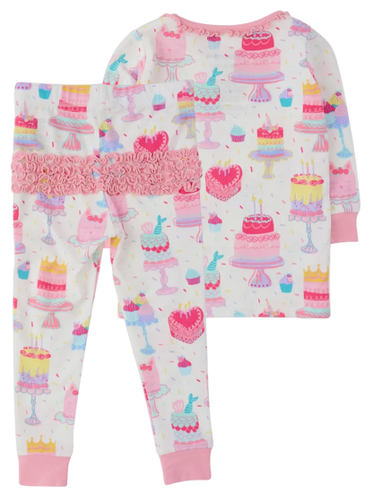 Girls birthday cake pajama set by Ruffle Butts, featuring colorful cake print, soft fabric, and ruffle details for 12-18 months.