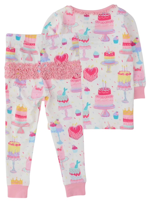 Girls birthday cake pajama set by Ruffle Butts featuring colorful cake designs and soft fabric for comfortable sleepwear.