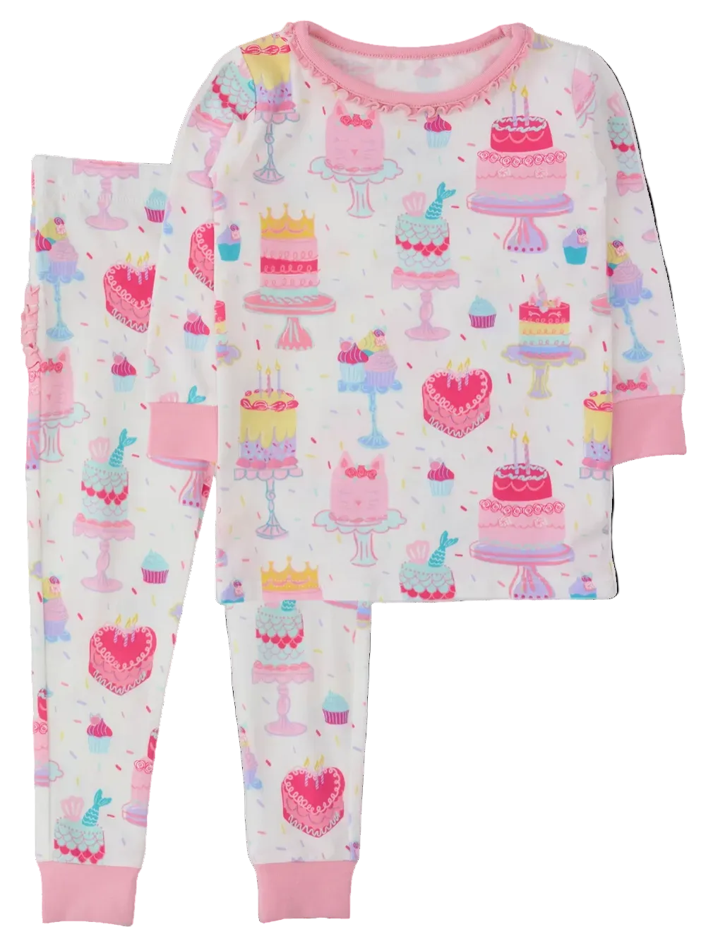 Girls birthday cake pajama set by Ruffle Butts featuring colorful cake print and ruffled details for 12-18 months.