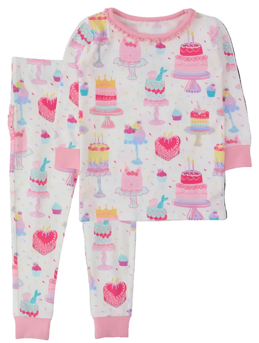 Girls birthday cake pajama set by Ruffle Butts featuring colorful cake print and ruffled details for 12-18 months.