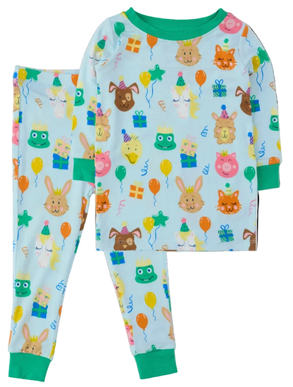 Kids bamboo viscose birthday party animals long sleeve pajama set by Ruffle Butts, featuring colorful animal prints and soft fabric.