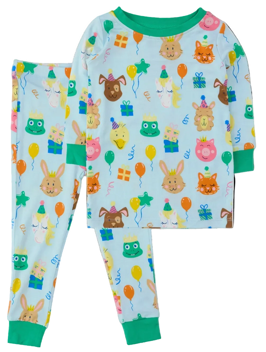 Kids bamboo viscose birthday party animals long sleeve pajama set by Ruffle Butts, featuring colorful animal prints and soft fabric.