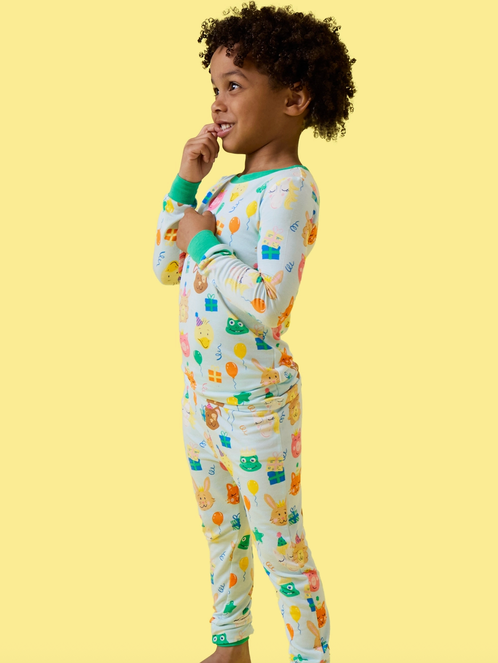 Kids bamboo viscose birthday party animals long sleeve pajama set by Ruffle Butts featuring colorful animal prints for children aged 12-18 months.