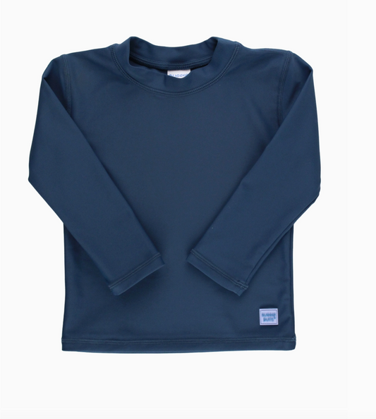 Kids navy long sleeve rash guard by Ruffle Butts, featuring sun protection and comfortable fabric for swimming and beach outings.