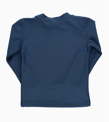 Kids navy long sleeve rash guard by Ruffle Butts, featuring protective sun-safe fabric and comfortable fit for active children.