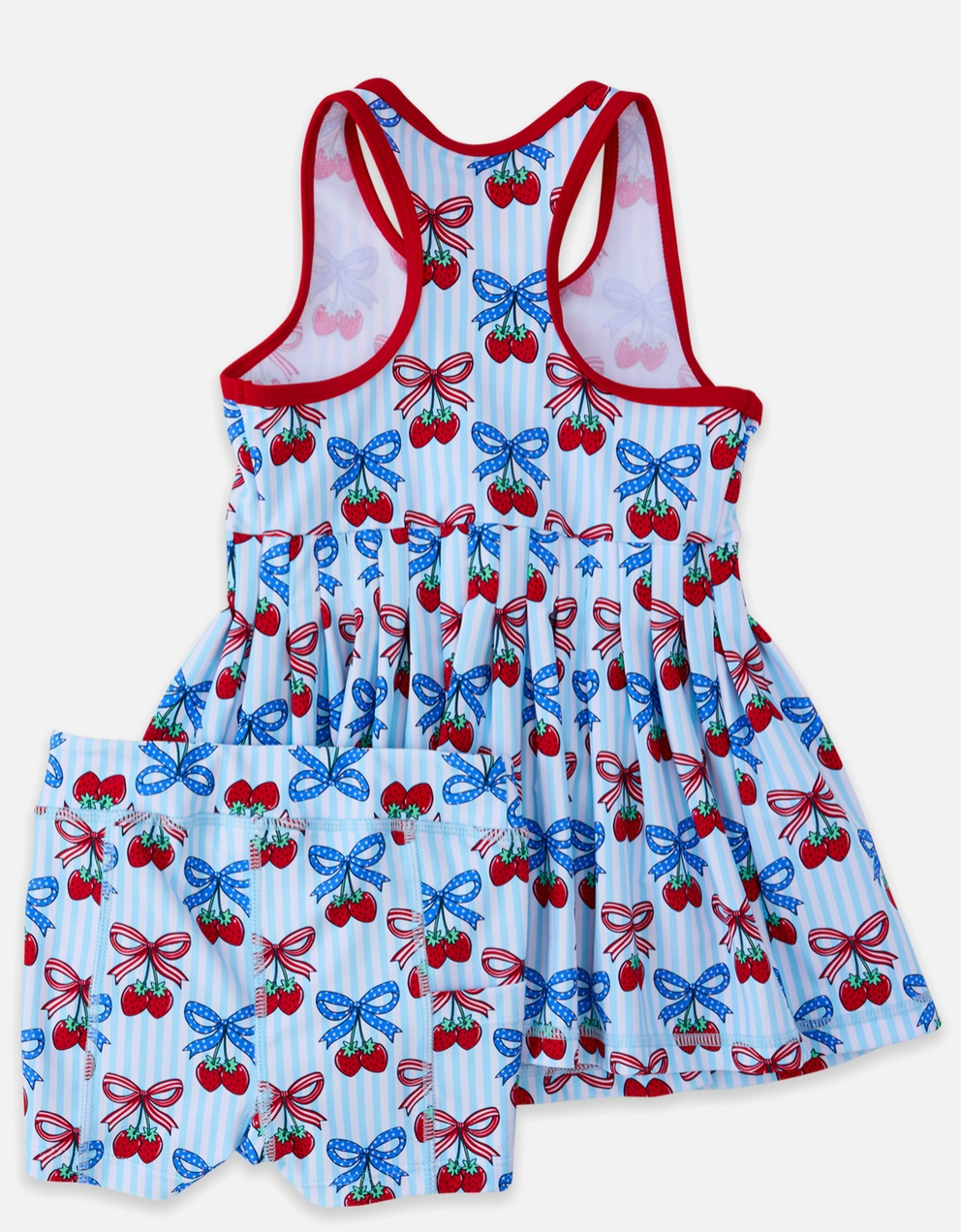 Girls Berries & Bows pleated skirt and active dress set with bike shorts by Ruffle Butts, featuring a colorful berry and bow pattern.