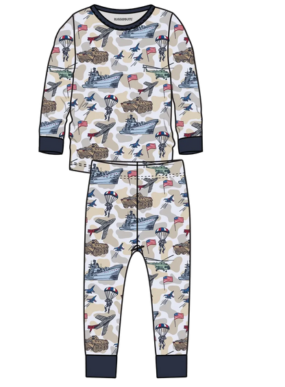 Kids bamboo long sleeve pajama set with patriotic freedom camo pattern, featuring comfortable fabric and Ruffle Butts branding.