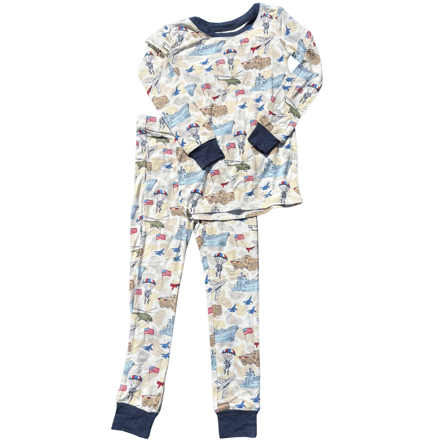 Kids bamboo patriotic Freedom Camo long sleeve pajama set by Ruffle Butts, featuring camouflage print and comfortable, eco-friendly fabric.