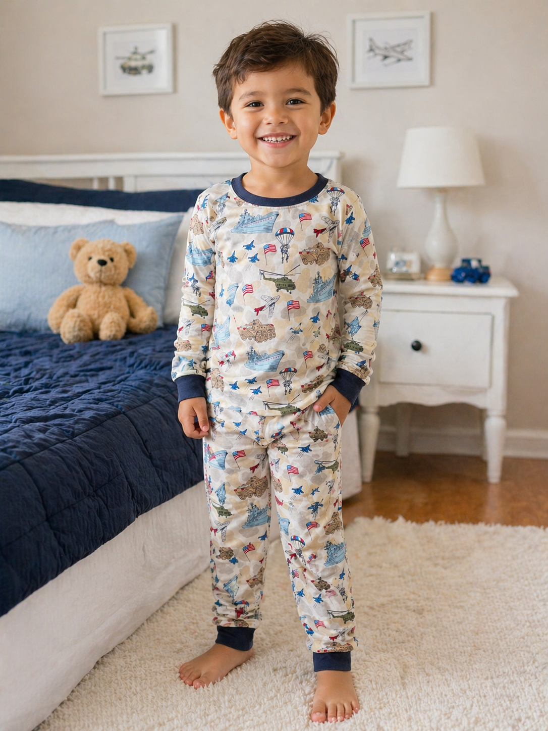 Kids bamboo patriotic camo long sleeve pajama set by Ruffle Butts, featuring red, white, and blue camouflage pattern.