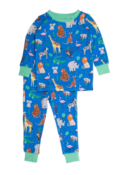 Kids bamboo viscose zoo crew long sleeve pajama set by Ruffle Butts, featuring colorful animal prints on soft fabric.