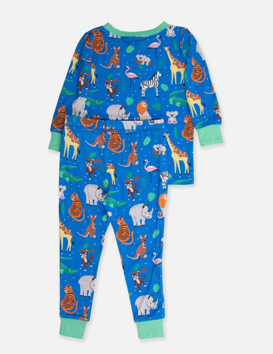 Kids bamboo viscose zoo crew long sleeve pajama set from Ruffle Butts, featuring colorful animal prints and soft fabric.